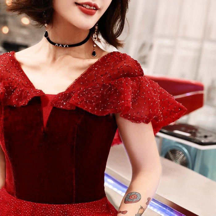 演奏会用ドレス 半袖 カラードレス レッド ロングドレス パーティードレス ウェディングドレス 発表会 結婚式 ピアノ 二次会 ドレス 前撮り 結婚式 花嫁の画像