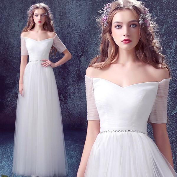 ウエディングドレス 安い Aラインドレス 結婚式 二次会 ロングドレス 花嫁 お呼ばれ服 パーティードレス ウェディングドレス 長袖 エンパイア サッシュリボン