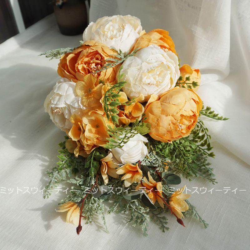 ウエディングブーケ 二次会 前撮り 結婚式 ウェディングブーケ 花嫁 披露宴 ティアドロップブーケ オレンジ 造花 ブライダル イエロー 秋冬 Bk46 ミットスウィーティー 通販 Yahoo ショッピング