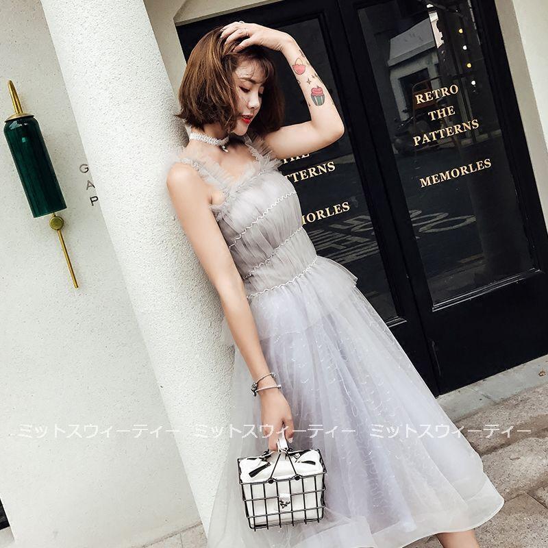 カラードレス グレー 赤 膝下ドレス 演奏会 Aライン カクテルドレス