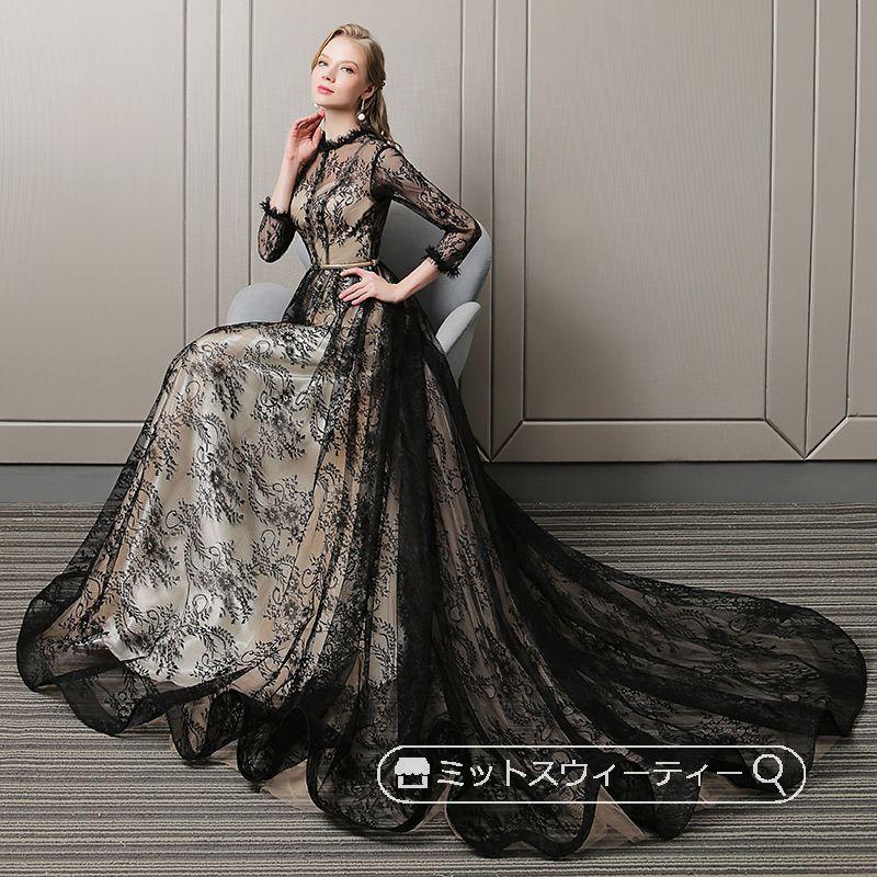 カラードレス パーティードレス Aライン ブラック レース 演奏会 カラードレス パーティードレス Aライン ブラック レース 演奏会