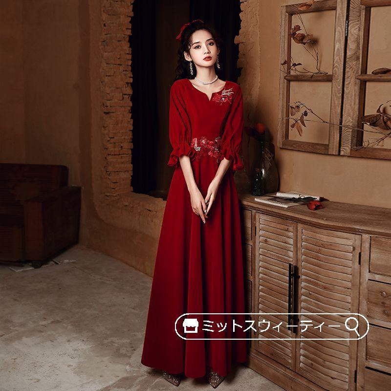 カラードレス 演奏会 発表会 刺繍 赤 レッド ロングドレス 5分袖 結婚式 ワンピース 花柄 ウエディングドレス 二次会 花嫁 披露宴 パーティー ドレス 演出ドレス Cd1271 ミットスウィーティー 通販 Yahoo ショッピング