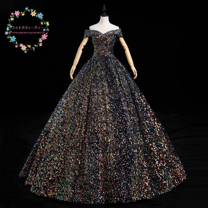 カラードレス 演奏会 オフショルダー スパンコール ネイビー 黒 赤  