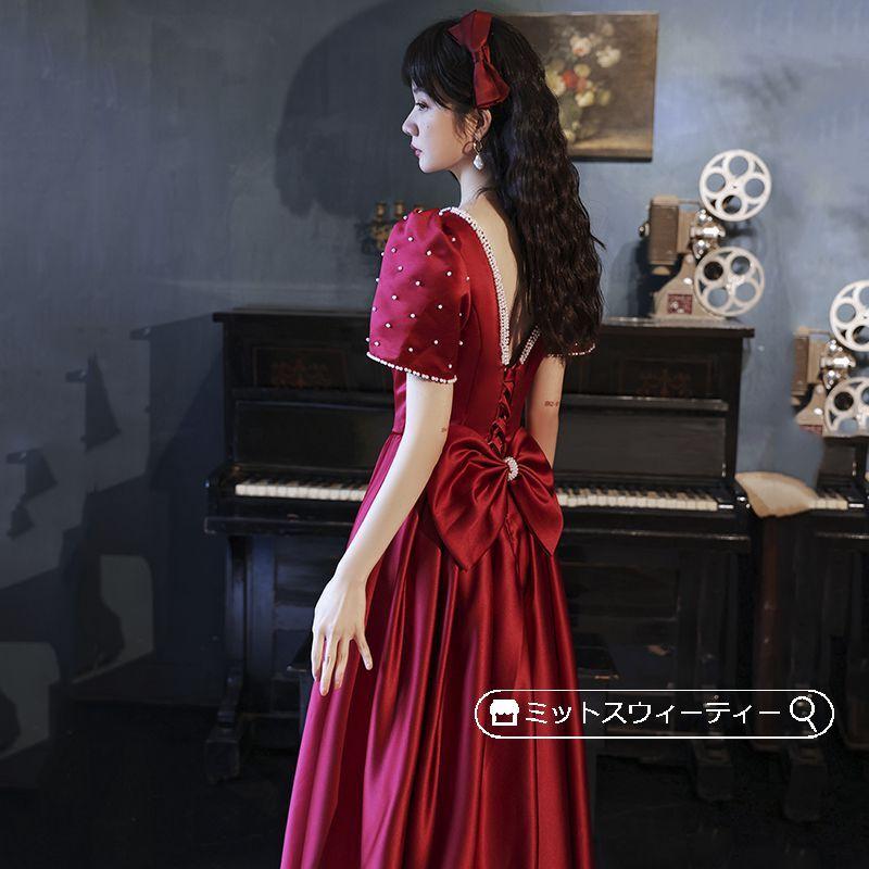 パーティードレス ロングドレス Aラインドレス 半袖 赤 パーティードレス ロングドレス Aラインドレス 半袖 赤