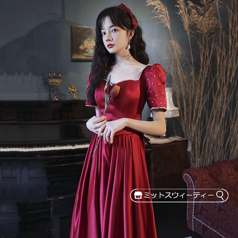 パーティードレス ロングドレス Aラインドレス 半袖 赤 パーティードレス ロングドレス Aラインドレス 半袖 赤