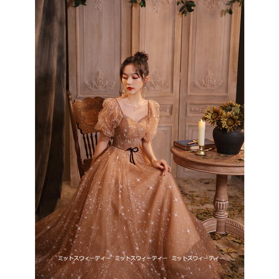 花嫁 ロングドレス カラードレス チュール シャンパン/ゴールド 花嫁 ロングドレス カラードレス チュール シャンパン/ゴールド