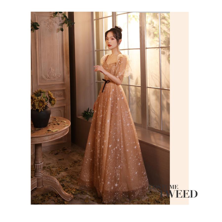 花嫁 ロングドレス カラードレス チュール シャンパン/ゴールド 花嫁 ロングドレス カラードレス チュール シャンパン/ゴールド