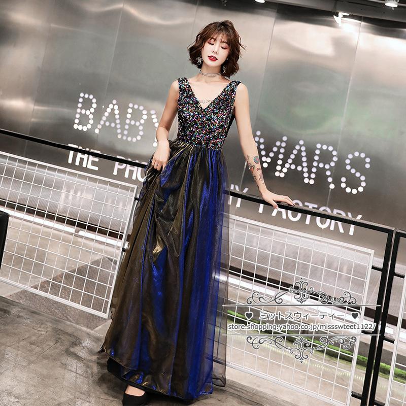 ネイビー ブラック スパンコール パーティードレス 極美品 海外セレブ