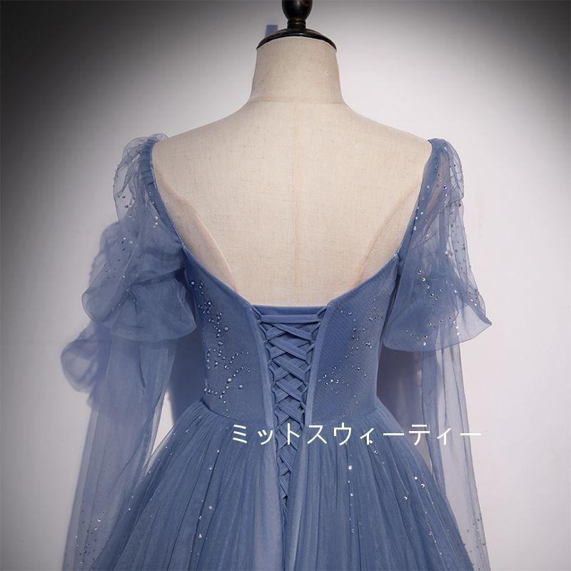 Aラインドレス ロング カラードレス カクテルドレス 演奏会 結婚式 イブニングドレス 二次会 発表会 ウエディングドレス 披露宴 フォーマルドレス ブルー_3