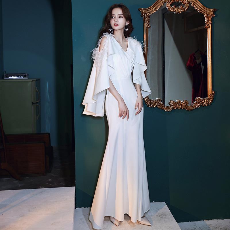 カラードレス カクテルドレス ロングドレス パーティードレス 発表会 演奏会 ステージドレス イブニングドレス 大人 ホワイト マント マーメイドライン フェザー | 