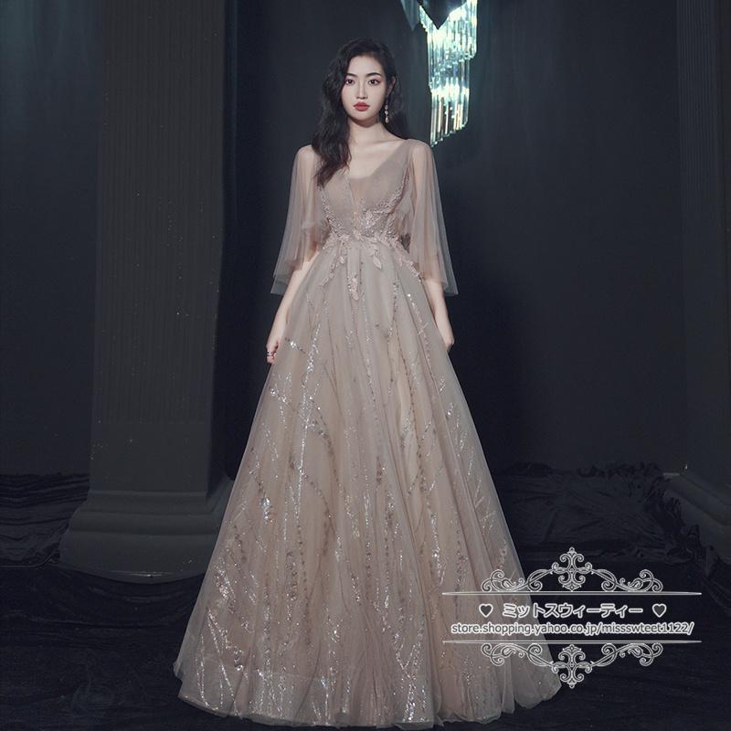 【美品】DressBlackロングドレス　シャンパンゴールド シャンパンゴールド花柄ブラックロングドレス