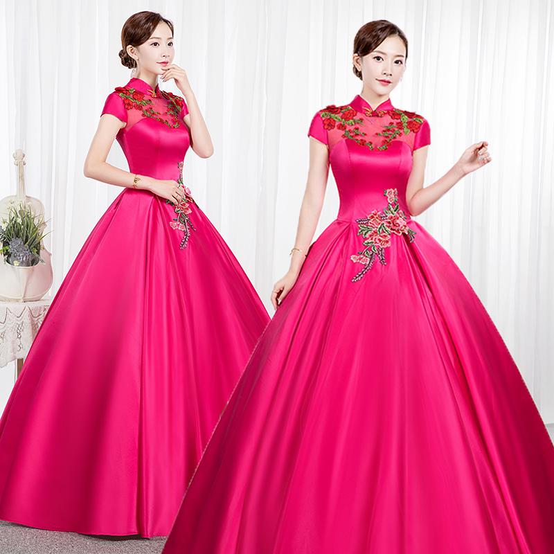 ピンク サテン チャイナドレス ロングドレス シフォンヴェール付き ピンク サテン チャイナドレス ロングドレス シフォンヴェール