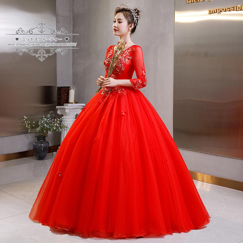 カラードレス ロングドレス 演奏会 イブニングドレス プリンセスライン ステージ 舞台衣装 発表会 コンサート コンクール 大人 レッド 7分袖 Vネック 編み上げ |  | 02