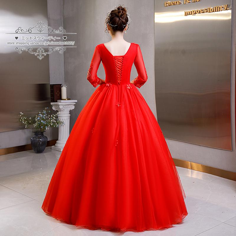 カラードレス ロングドレス 演奏会 イブニングドレス プリンセスライン ステージ 舞台衣装 発表会 コンサート コンクール 大人 レッド 7分袖 Vネック 編み上げ |  | 03