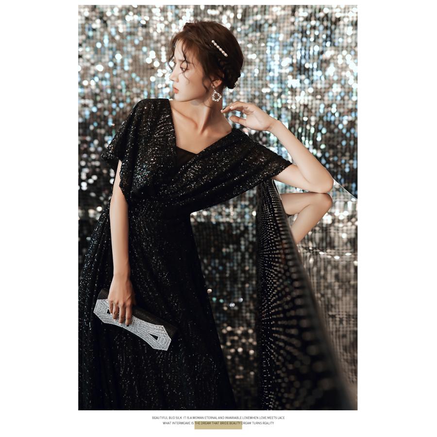 カラードレス ロングドレス 演奏会 スパンコール ブラック ドルマン