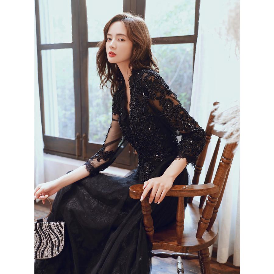 カラードレス ブラック レッド ホワイト Vネック ロングドレス 演奏会