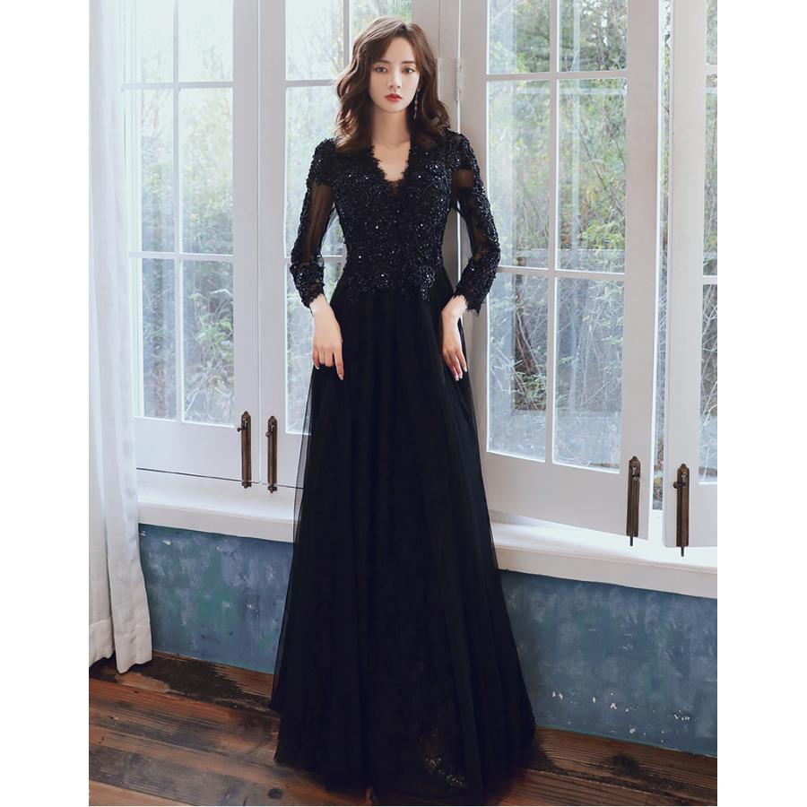 カラードレス ブラック レッド ホワイト Vネック ロングドレス 演奏会