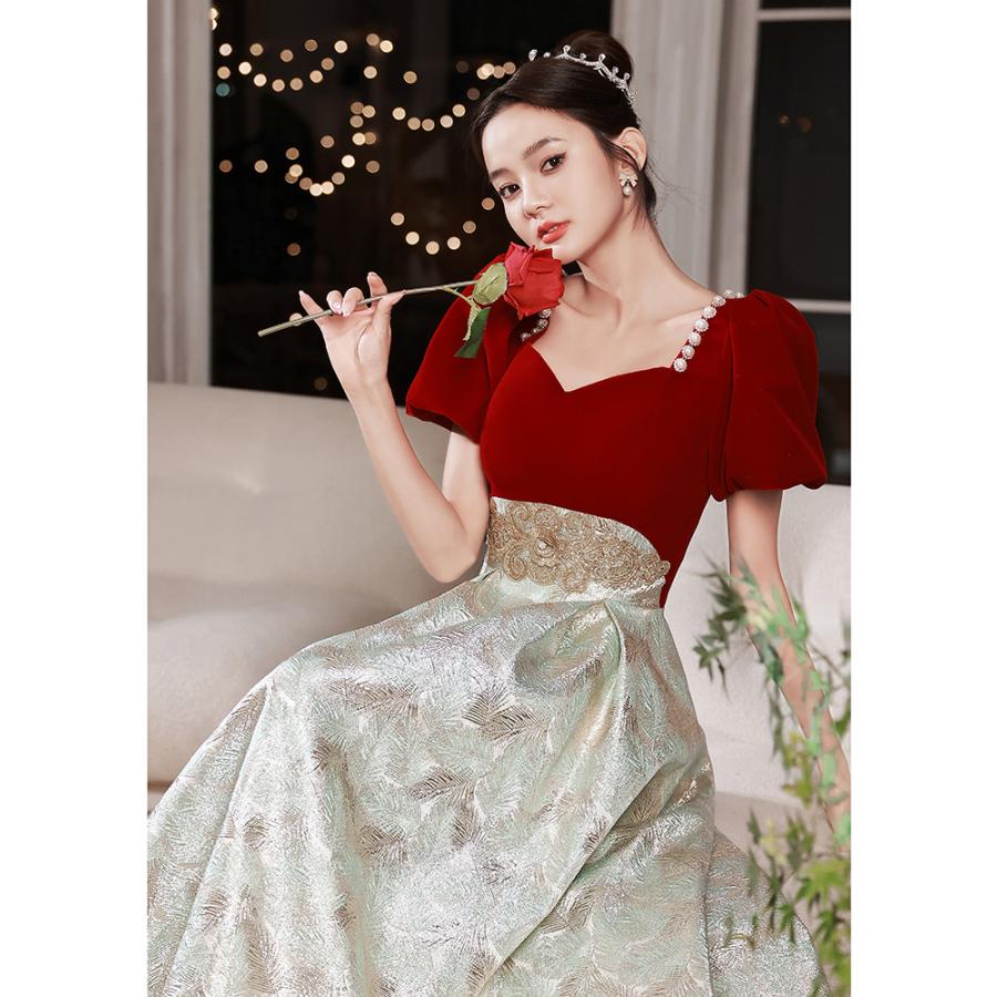 カラードレス ロングドレス パフスリーブ 切り替え 赤 緑 演奏会 発表