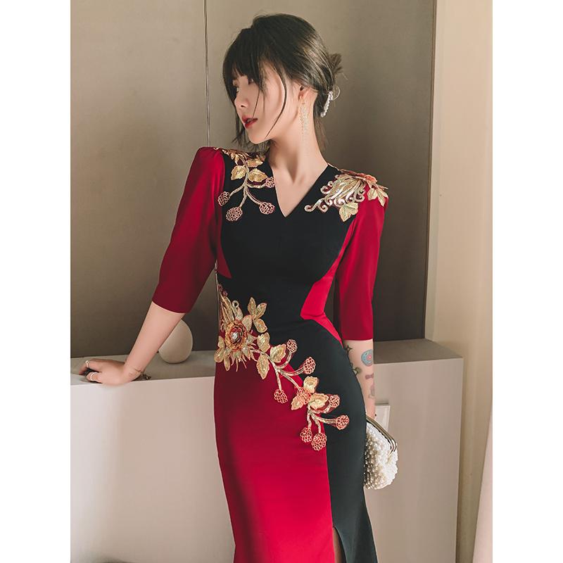 カラードレス マーメイド ロングドレス 5分袖 赤 黒 Vネック カラードレス マーメイド ロングドレス 5分袖 赤 黒 Vネック