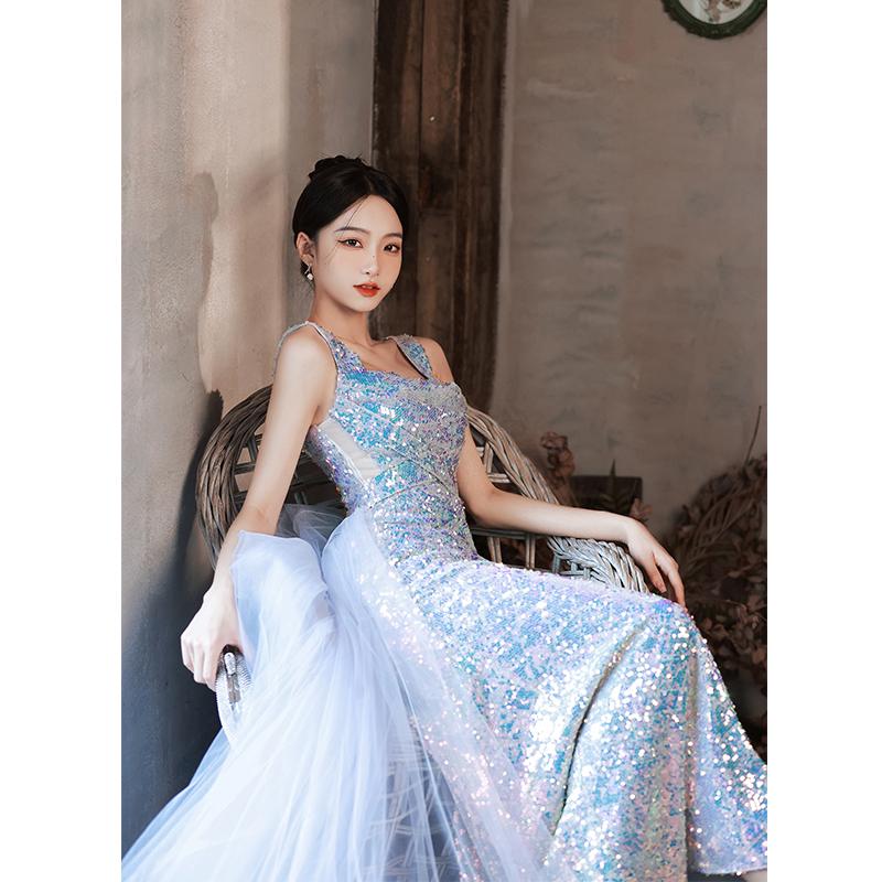 カラードレス マーメイドドレス スパンコール ブルー ロングドレス ウェディングドレス ノースリーブ 海のプリンセス 結婚式 前撮り 演出 キラキラ_2