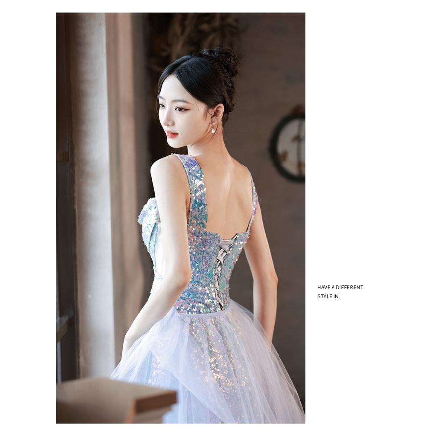 カラードレス マーメイドドレス スパンコール ブルー ロングドレス ウェディングドレス ノースリーブ 海のプリンセス 結婚式 前撮り 演出 キラキラ_6