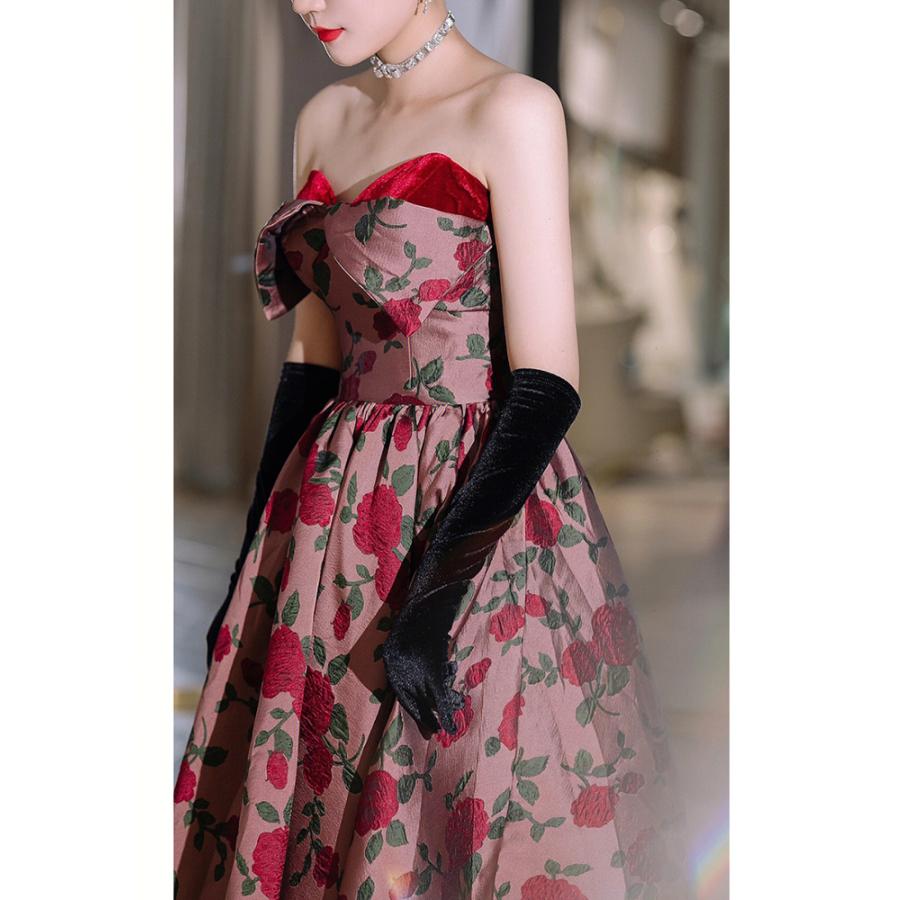 デコルテの薔薇が美しいバイカラーのベア イブニングドレス デコルテの薔薇が美しいバイカラーのベア イブニングドレス デコルテの