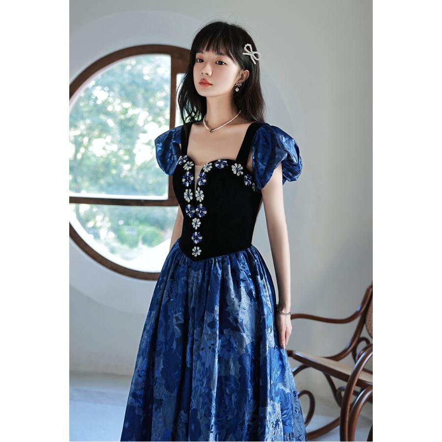 ビスチェ風 成人式ドレス ブルー 花柄 パフスリーブ 可愛い ロングドレス イブ 楽天市場】送料無料 ビスチェ風 成人式ドレス ブルー 花柄