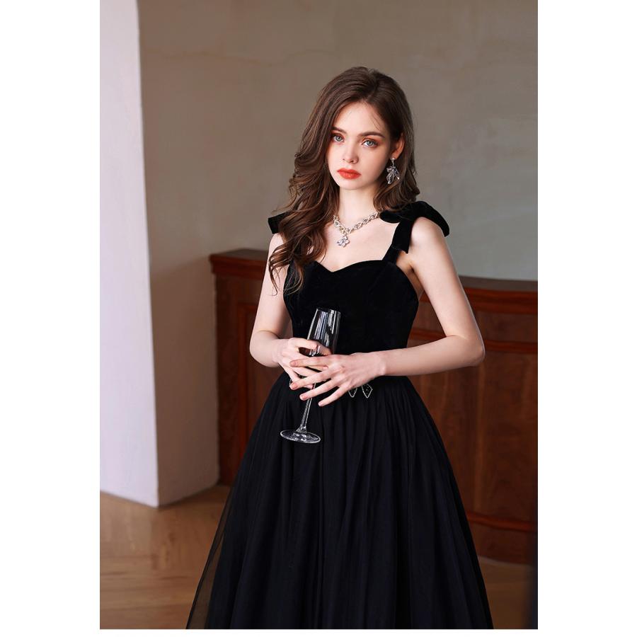 カラードレス リボン ベルベット マキシ丈 イブニングドレス