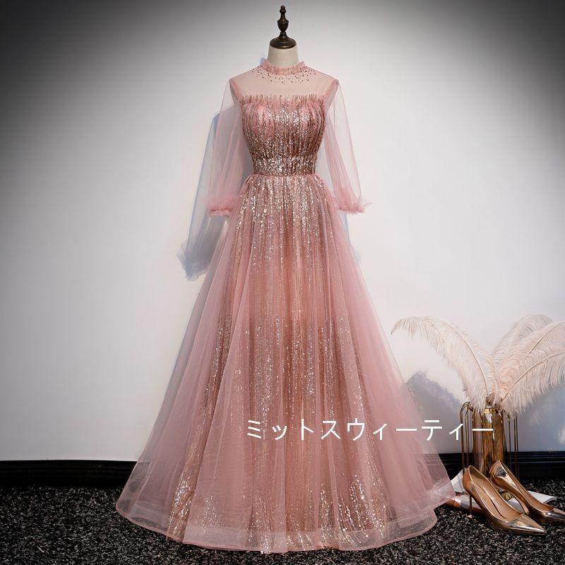 カラードレス ピンク フォーマルドレス 袖あり 演奏会 結婚式 aラインドレス 二次会 花嫁 ロングドレス 発表会 ブライズメイドドレス ロング チュール おしゃれ