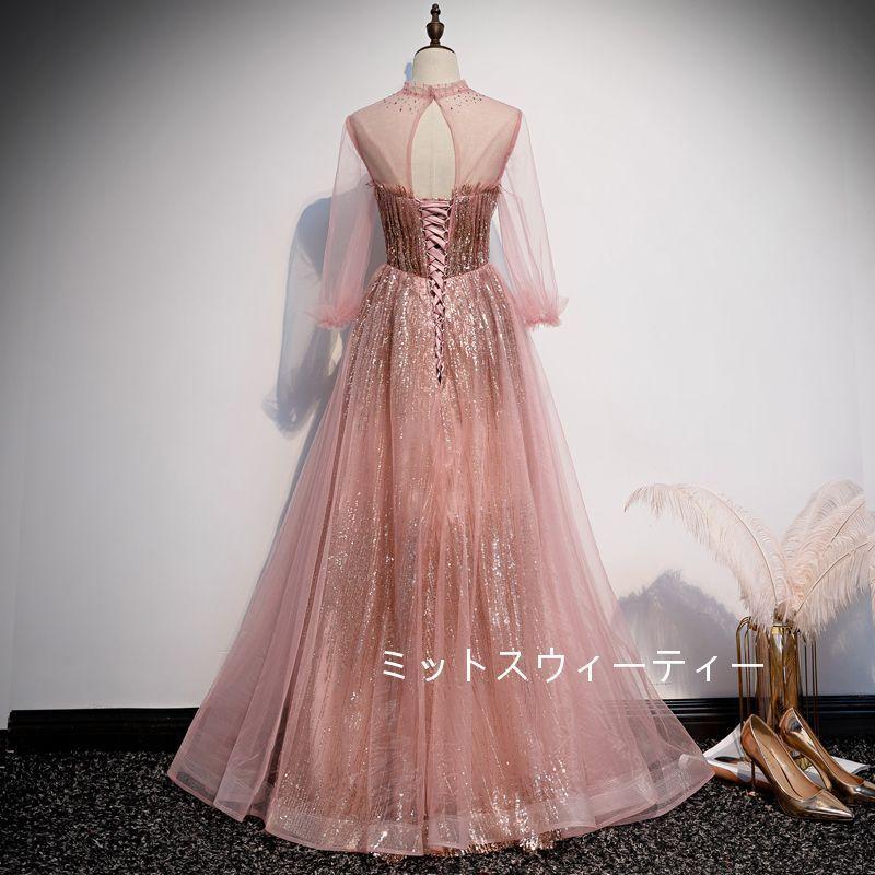 カラードレス ピンク フォーマルドレス 袖あり 演奏会 結婚式 aラインドレス 二次会 花嫁 ロングドレス 発表会 ブライズメイドドレス ロング チュール おしゃれ_4