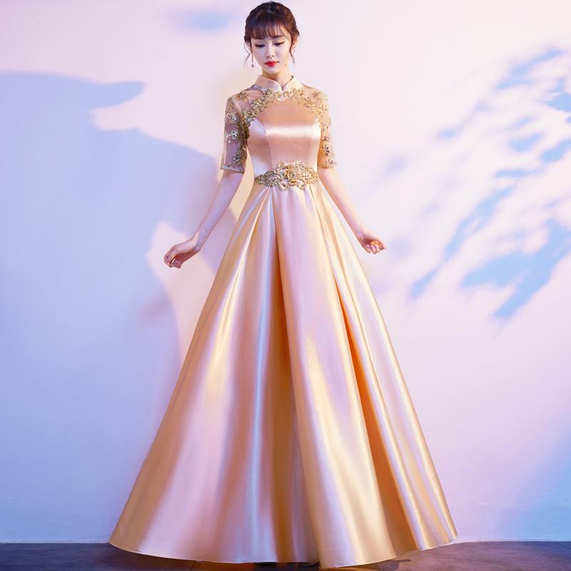 カラードレス ロングドレス Aラインドレス 立ち襟 チャイナ襟 半袖