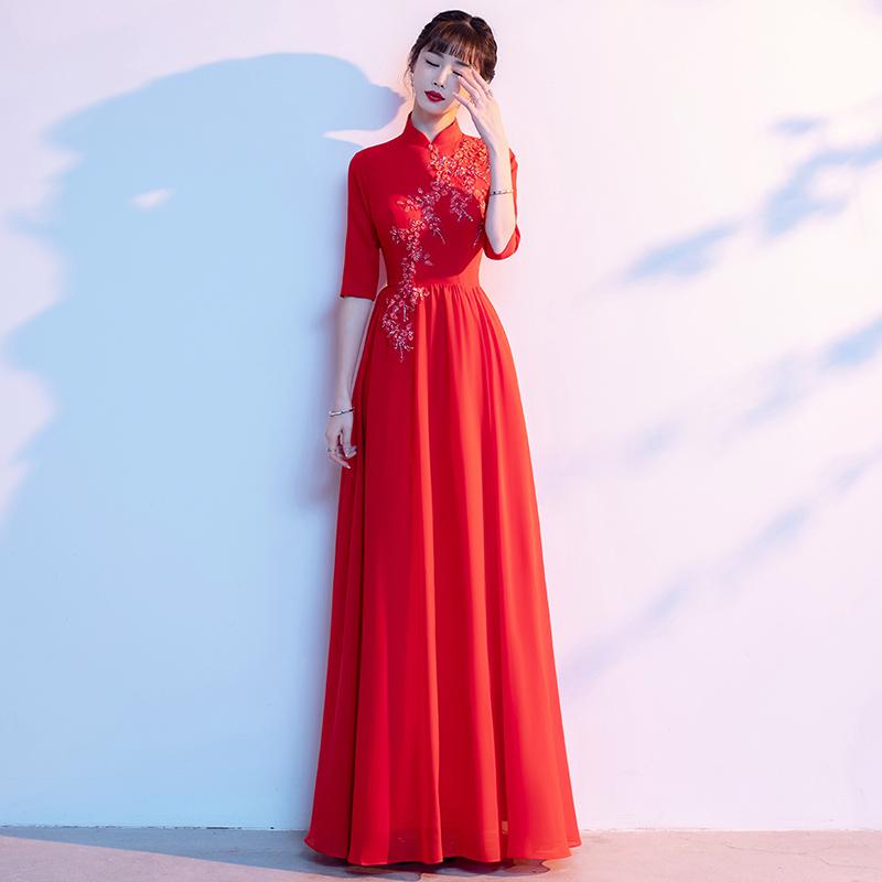 カラードレス ロングドレス Aラインドレス 立ち襟 チャイナ襟 5分袖