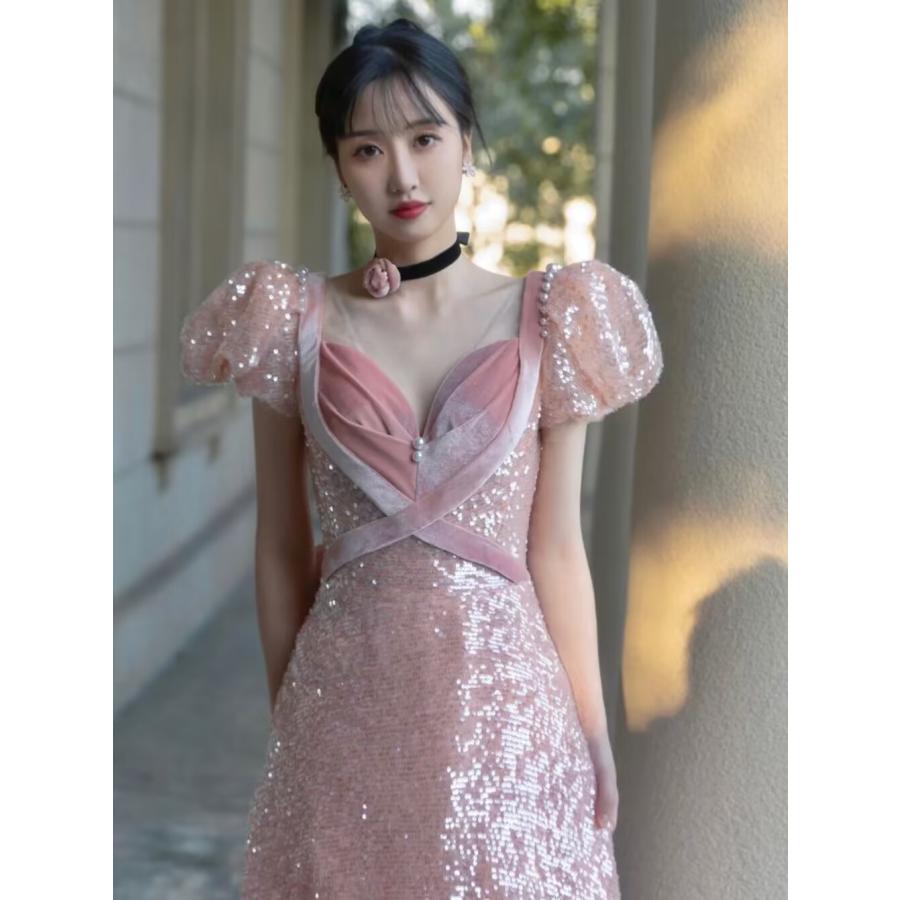 カラードレス パーティードレス イブニングドレス ウェディングドレス ピンク 発表会 演奏会 結婚式 二次会 花嫁 フリル リボン スパンコール 可愛い キラキラ_9