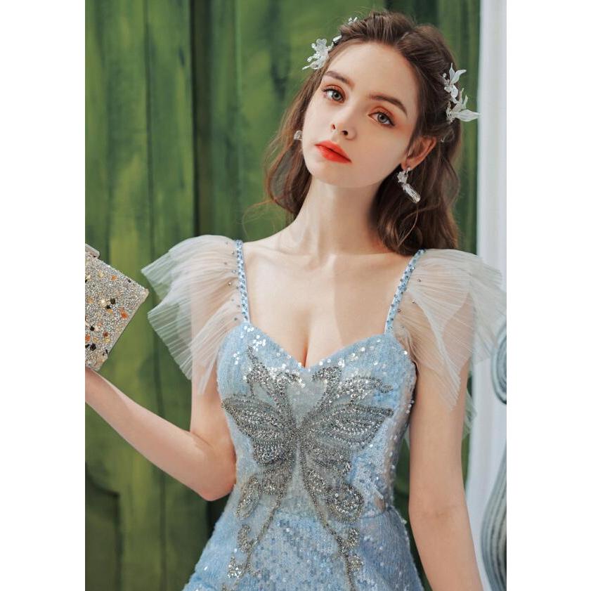 カラードレス パーティードレス イブニングドレス マーメイドドレス ブルー スパンコール フライングスリーブ ウェディングドレス 結婚式 舞台 フォーマルドレス_9