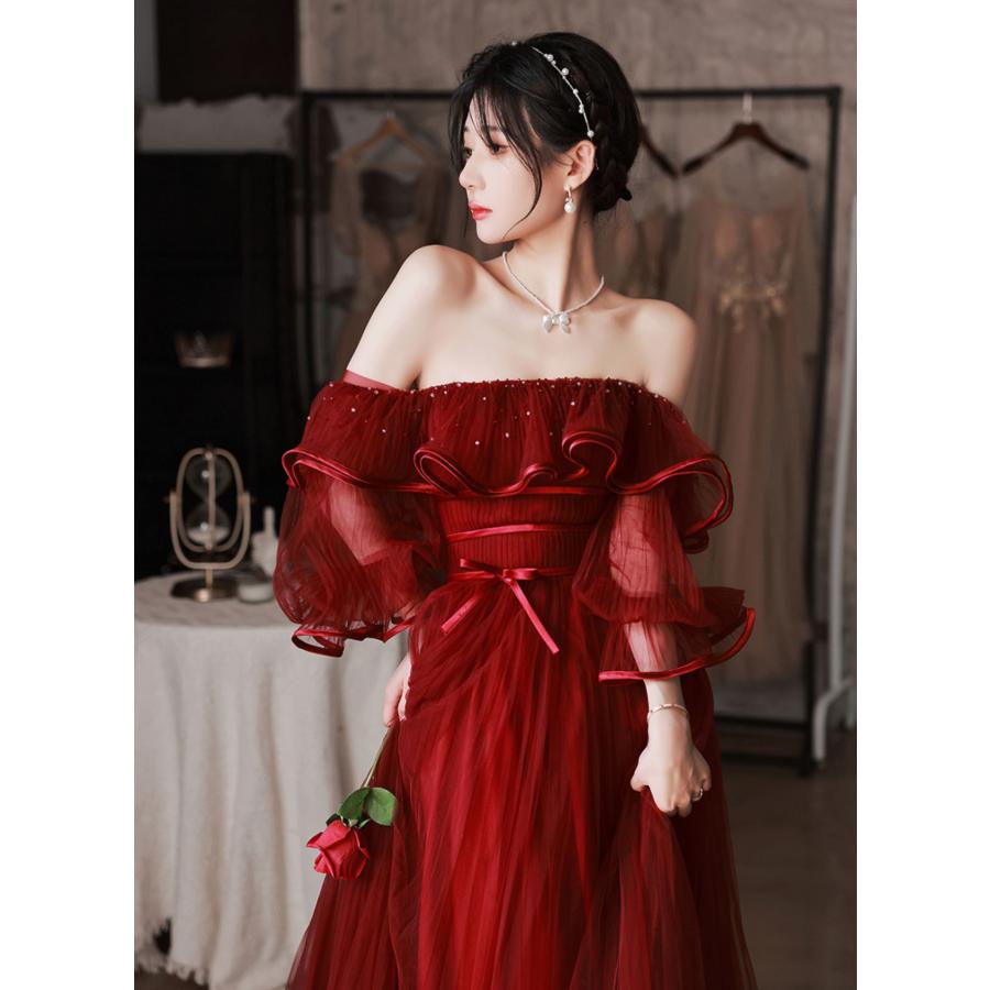 カラードレス ウェディングドレス レッド 赤 オフショルダー Aラインドレス ふわふわ ウエディングドレス イブニングドレス 発表会 演奏会 結婚式  二次会 花嫁