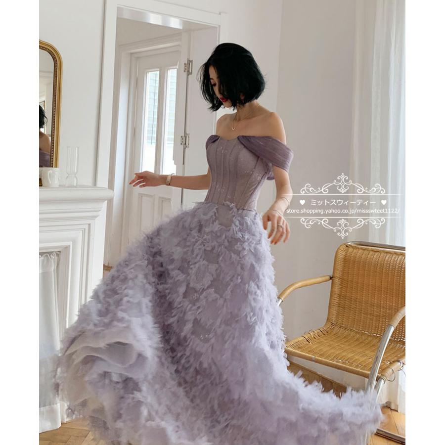 カラードレス ウェディングドレス パープル オフショルダー 紫 ウエディングドレス パーティードレス ロングドレス イブニングドレス 結婚式 二次会  花嫁 前撮り
