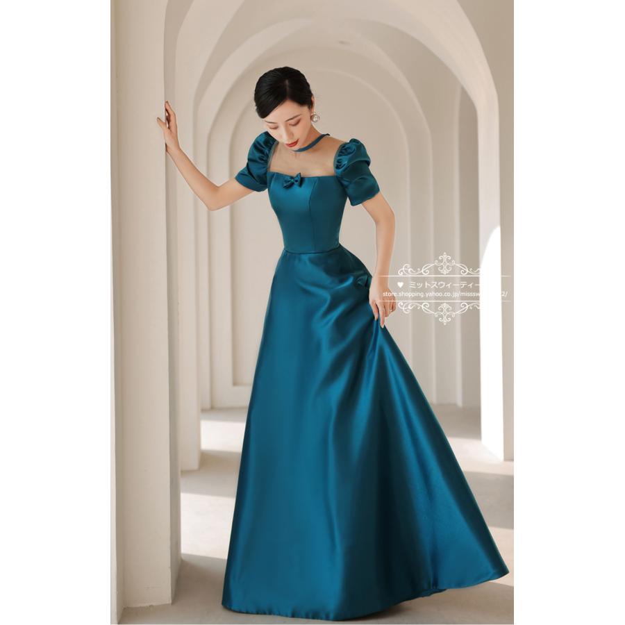 カラードレス ウェディングドレス ピーコックブルー 半袖