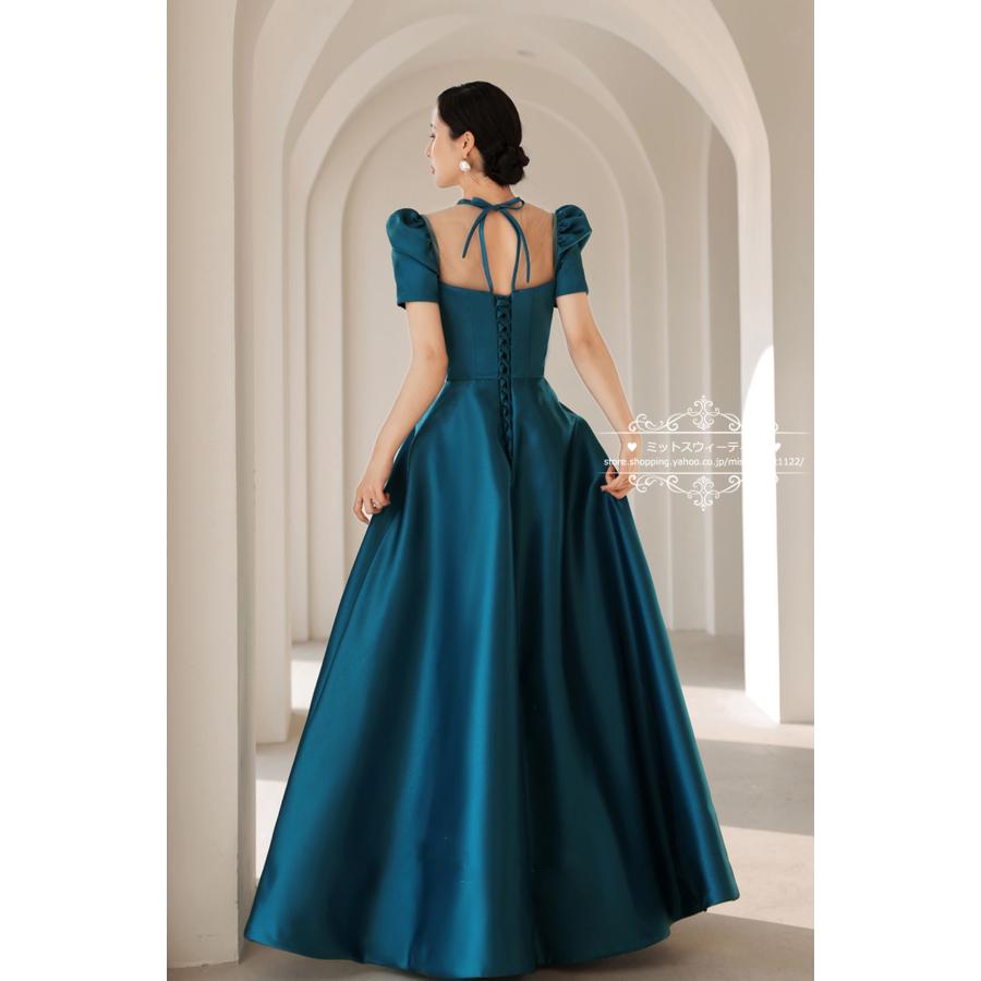 カラードレス ウェディングドレス ピーコックブルー 半袖 ウエディング