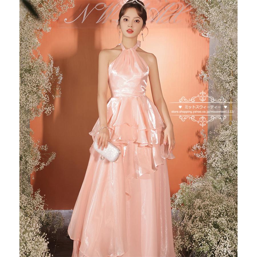 カラードレス パーティードレス ウェディングドレス ロングドレス ホルターネック オーガンジー 結婚式 二次会 発表会 レッド ピンク レトロ ブライダル 前撮り_11