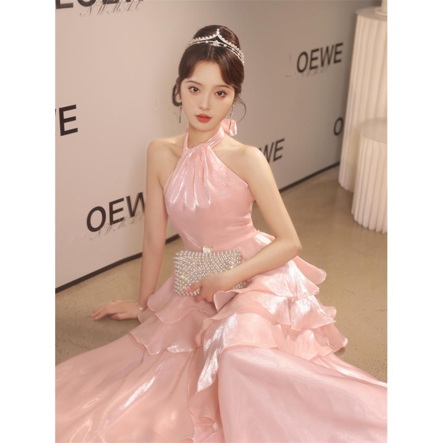 カラードレス パーティードレス ウェディングドレス ロングドレス ホルターネック オーガンジー 結婚式 二次会 発表会 レッド ピンク レトロ ブライダル 前撮り_9