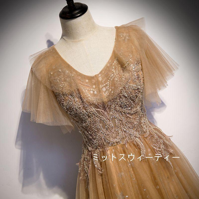 Aラインドレス ロング カラードレス カクテルドレス 演奏会 パーティードレス 結婚式 イブニングドレス 二次会 フォーマル 発表会 ウエディングドレス ゴールド_2