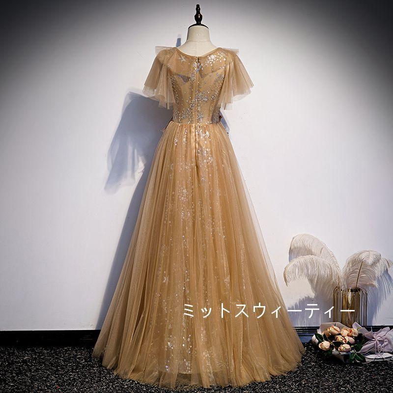 Aラインドレス ロング カラードレス カクテルドレス 演奏会 パーティードレス 結婚式 イブニングドレス 二次会 フォーマル 発表会 ウエディングドレス ゴールド_3