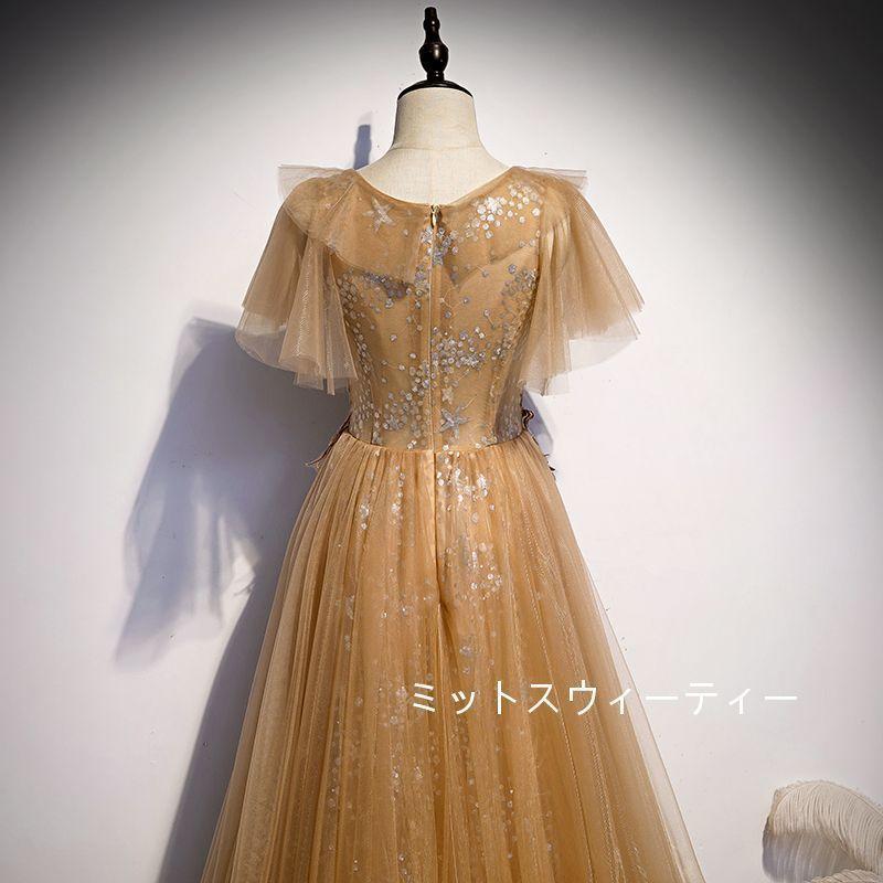 Aラインドレス ロング カラードレス カクテルドレス 演奏会 パーティードレス 結婚式 イブニングドレス 二次会 フォーマル 発表会 ウエディングドレス ゴールド_4