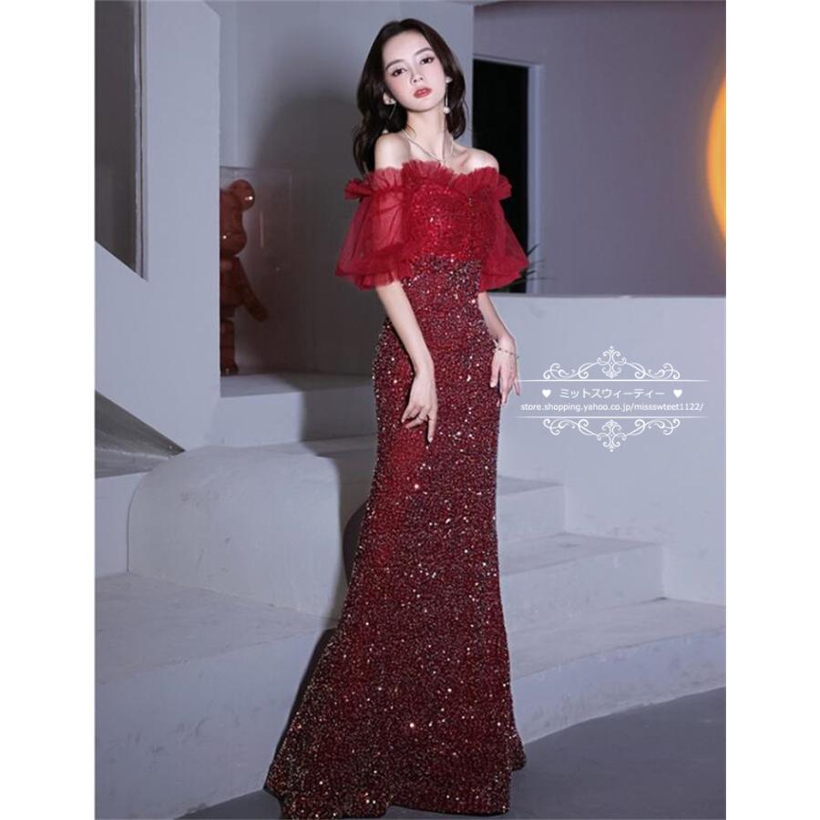 ワインレッド　スパンコール ロングドレス カラードレス ゴールド ワインレッド スパンコール マーメイド