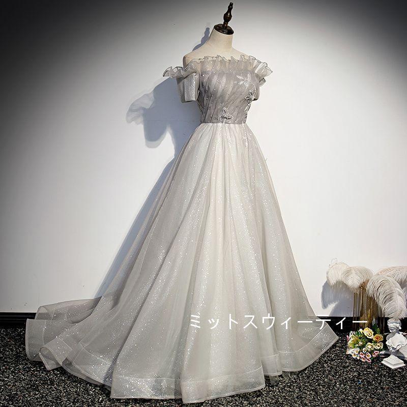 結婚式ドレス 披露宴 演奏会 イブニングドレス パーティードレス カラードレス ロング グレー パーティードレス 演奏会 袖あり 結婚式