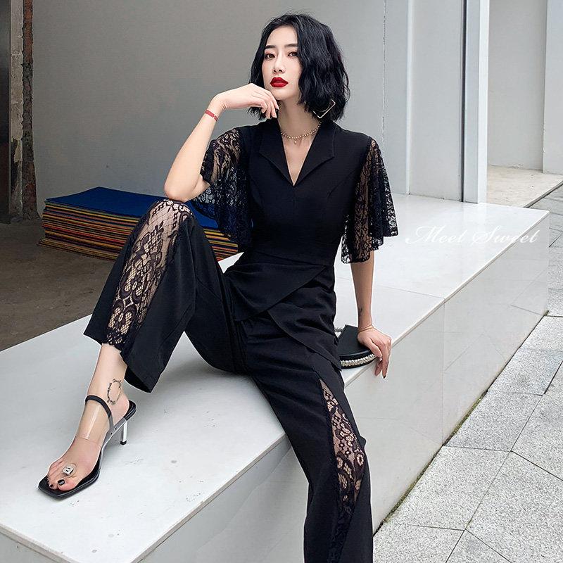 カラードレス パンツドレス ファスナー レース ブラック 半袖