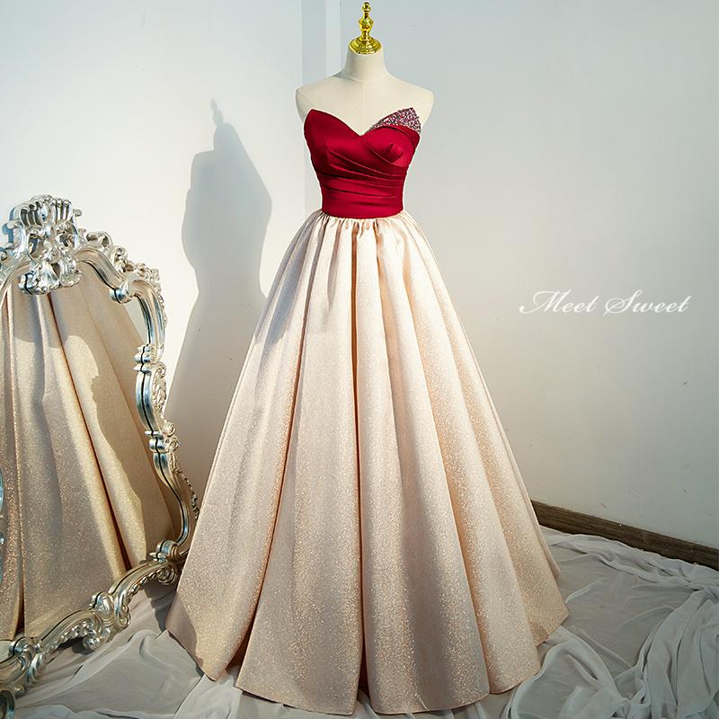 カラードレス 編み上げ シャンパン ビスチェ レッド ロングドレス 結婚