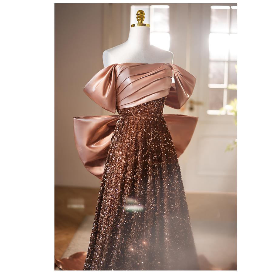 カラードレス 編み上げ ブラウン オフショルダー ロングドレス 結婚式  