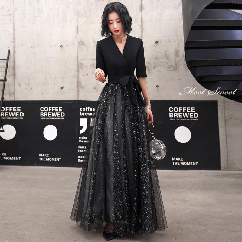 カラードレス ファスナー ブラック Vネック パーティードレス