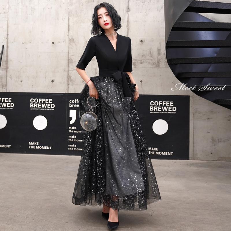 カラードレス ファスナー ブラック Vネック パーティードレス